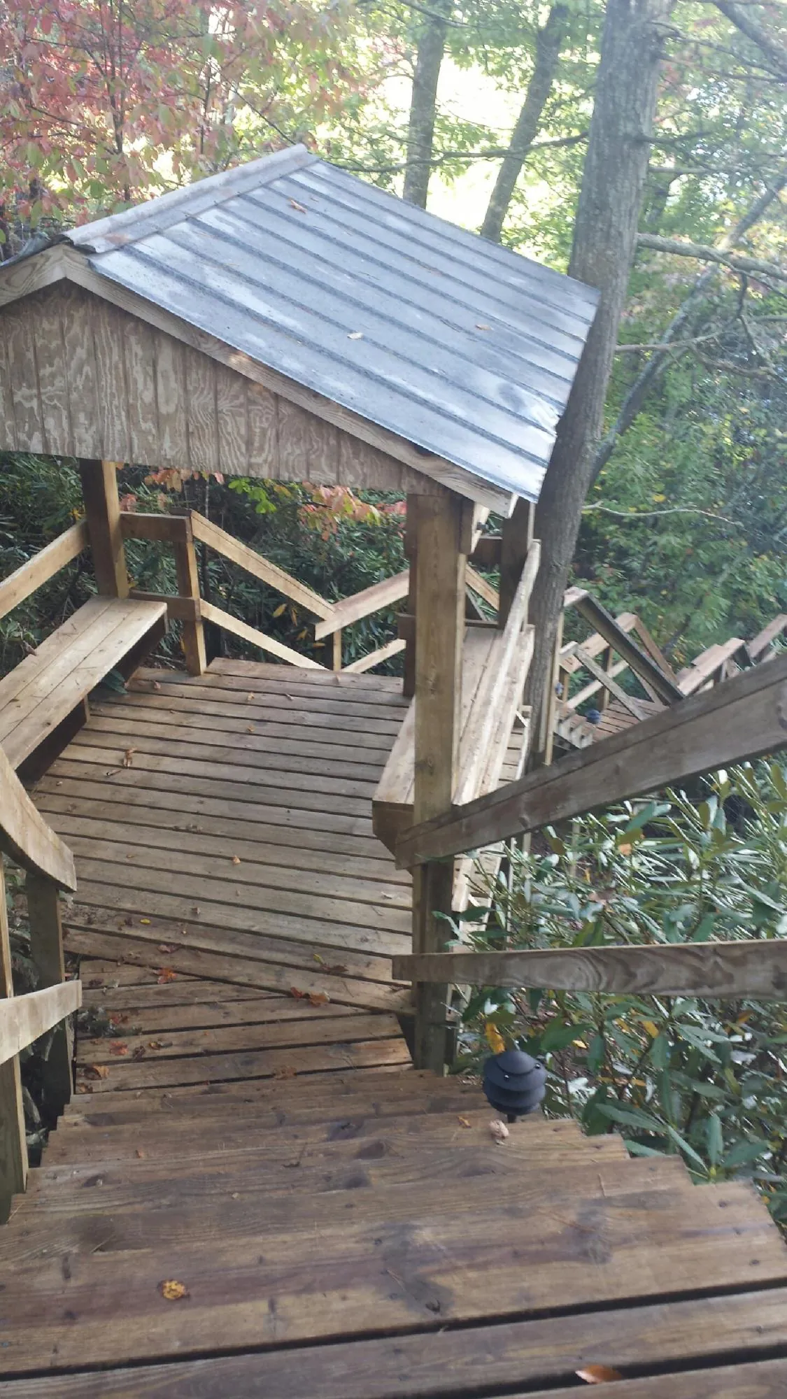 Metal roofed shelter over wooden steps on a wooded walkway — Skylight Repair & Installation work by our crew in Mc Queeney